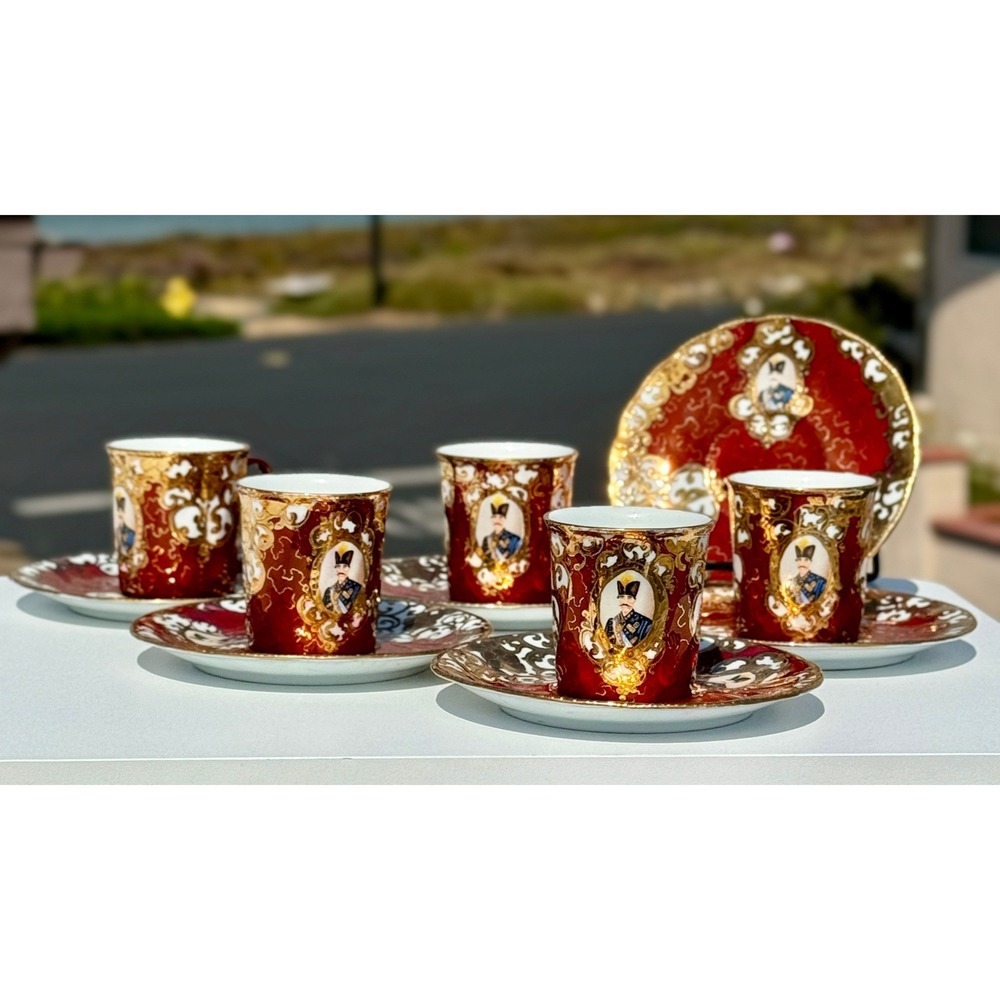 Vintage Portrait Espresso Set 11pc Red Gold Gilt Porcelain Qajar Style